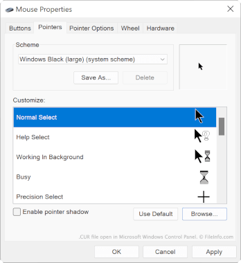Screenshot of a .cur file in Microsoft Windows Control Panel
