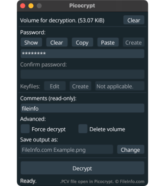 Screenshot of a .pcv file in Picocrypt