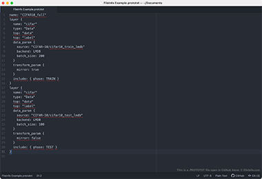 Screenshot of a .prototxt file in GitHub Atom