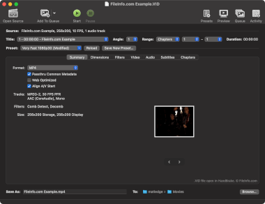 Screenshot of a .vid file in HandBrake
